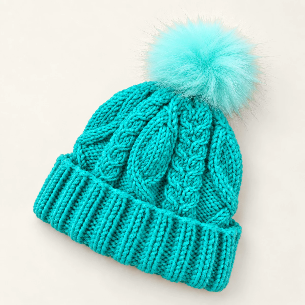 Turquoise Cable-knit Hat, Flat lay